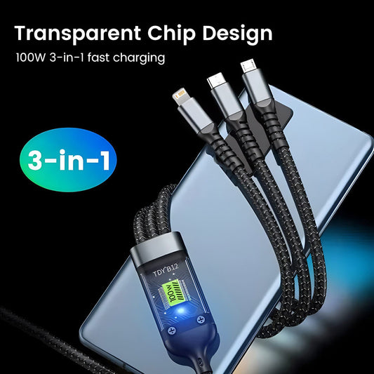 Premium 3-in-1 Multi-Charging Cable | 100W Fast Charge | Durable Nylon Braided